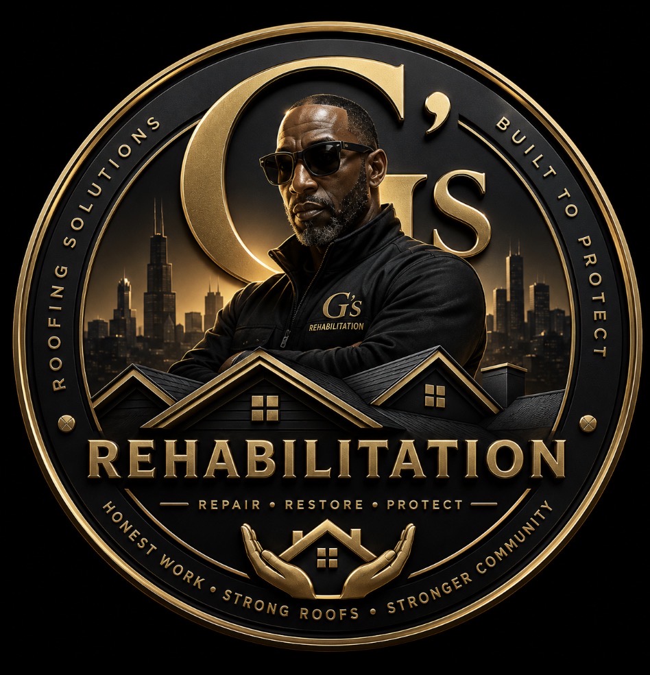G's Rehabilitation circular emblem with Chicago skyline, roofing homes, and the words Repair, Restore, Protect