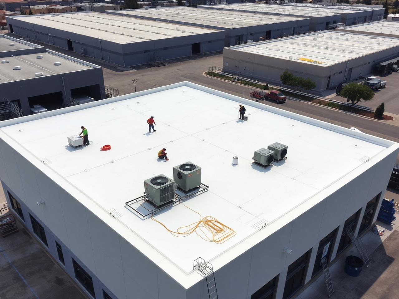 Crew installing a white TPO membrane roof on a commercial warehouse