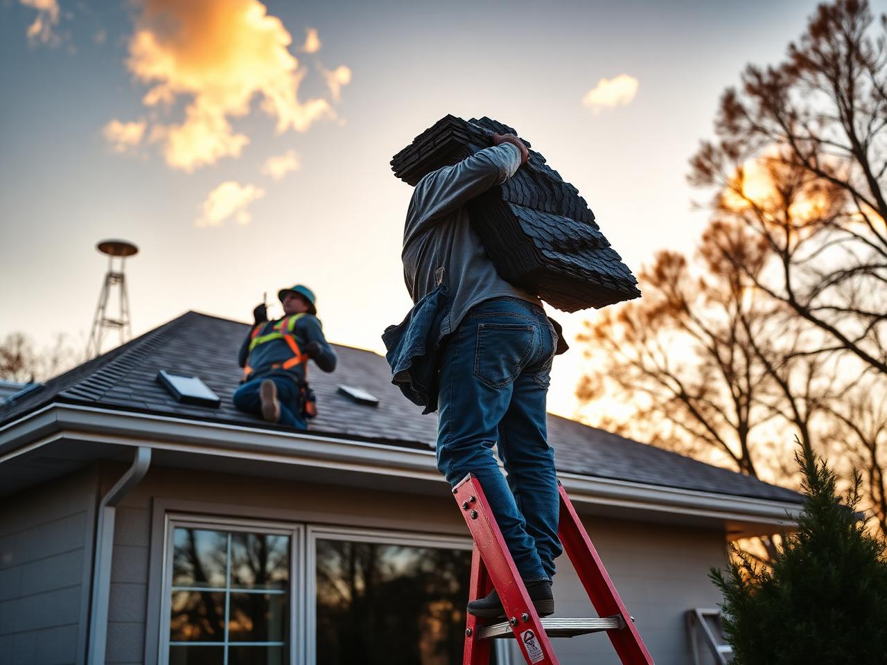 Roofing crew on a ladder during golden hour
